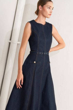 2430 Denim Belted MIdi Dress