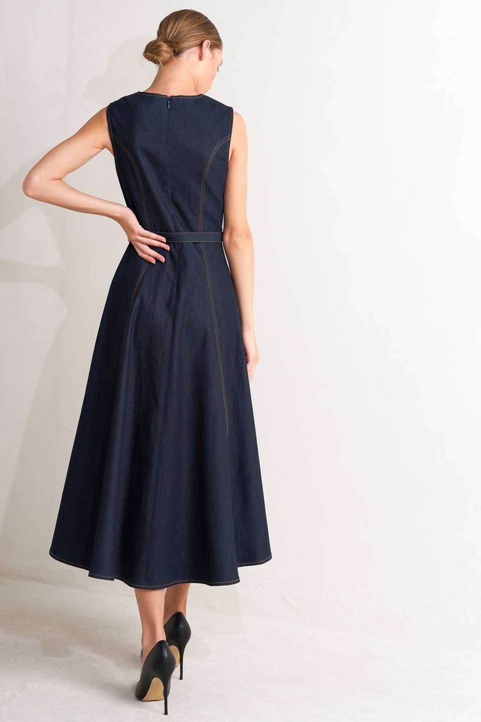 2430 Denim Belted MIdi Dress