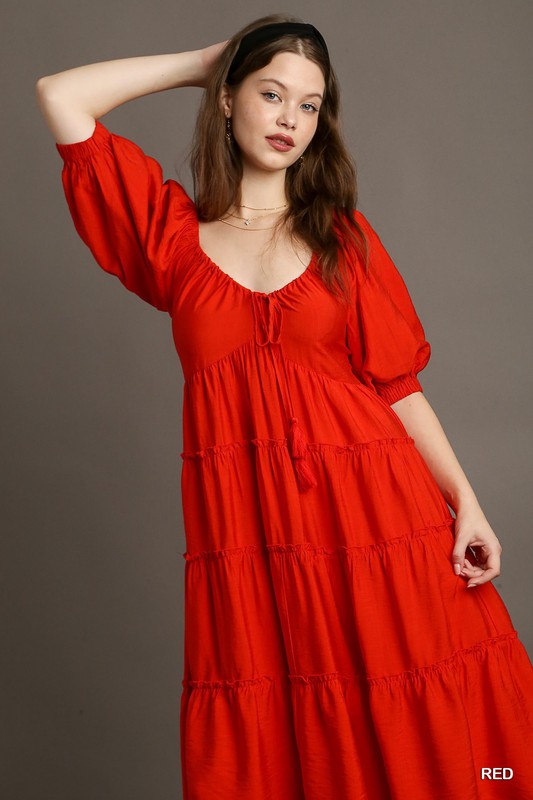 Tiered Puff Sleeve Midi Dress