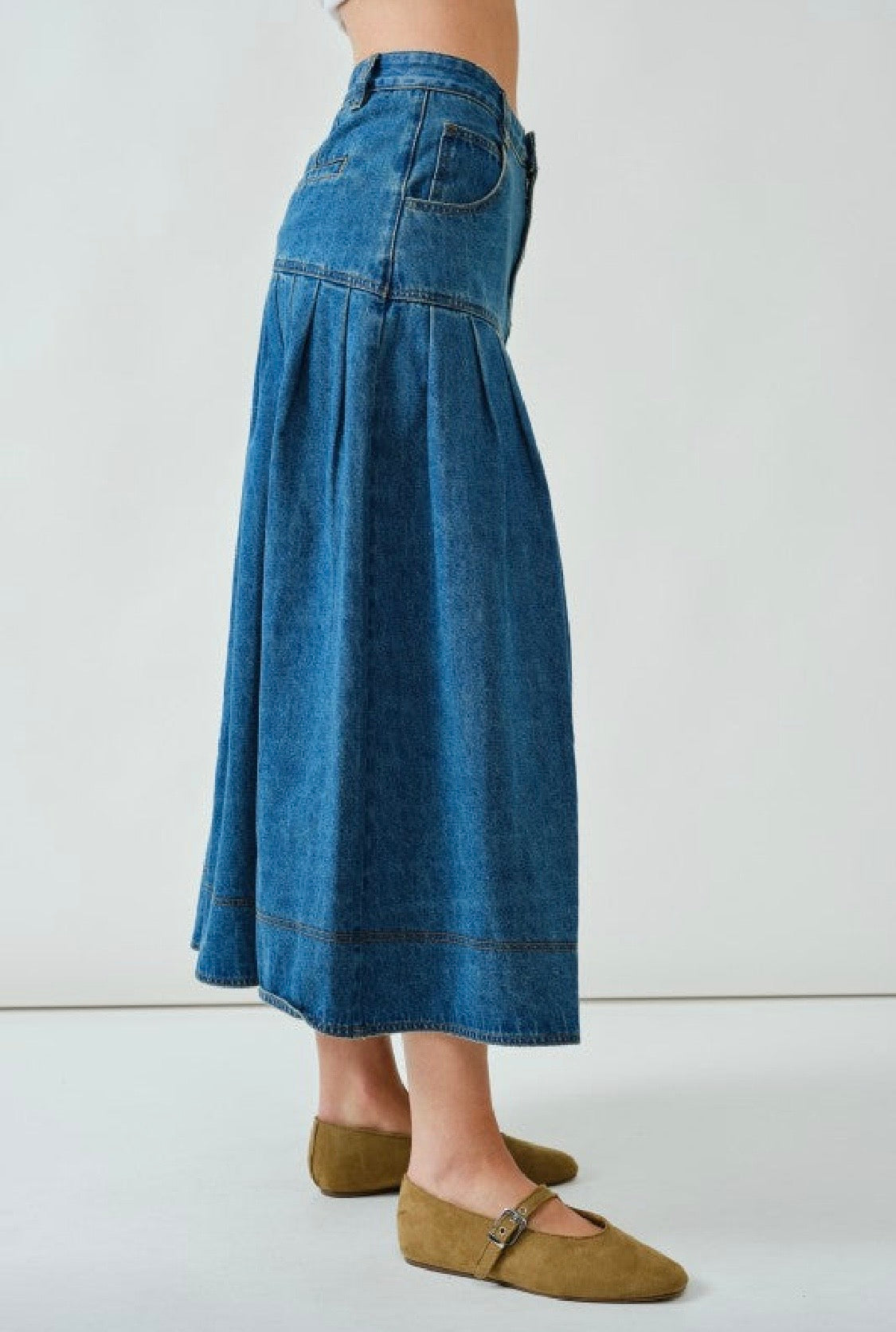 1936 Pleated Denim Midi Skirt