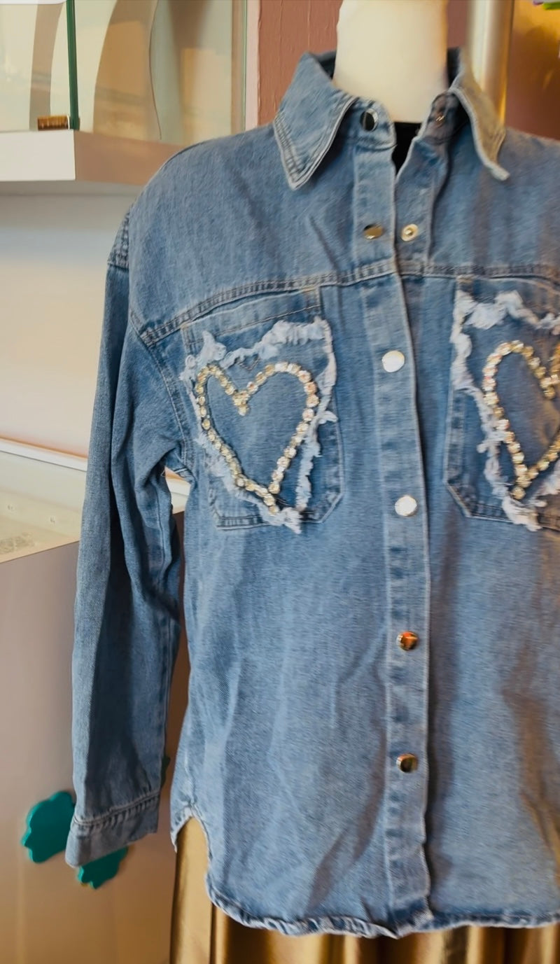 Rhinestones Hearts Denim Italian Shirt