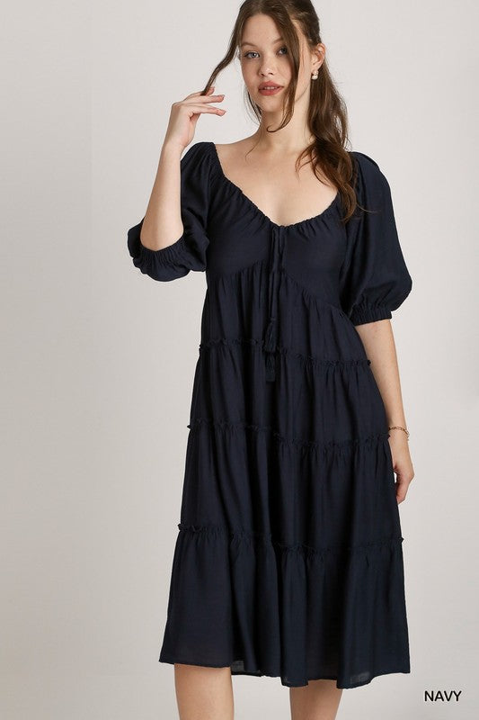 Tiered Puff Sleeve Midi Dress