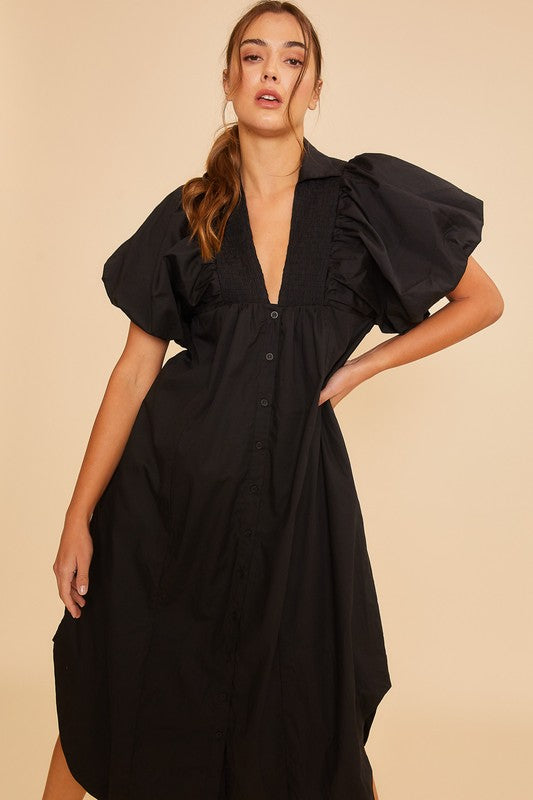 V-Neck Bubble Sleeve Buttons Dress