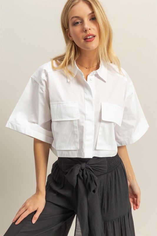 1573 White Button Down Pockets Crop Top