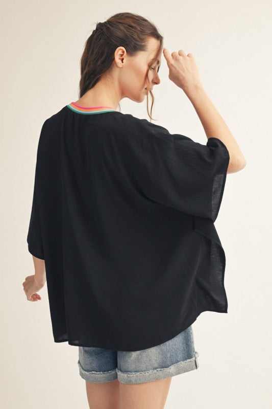 2153 Multi Color Trim V-Neck Top