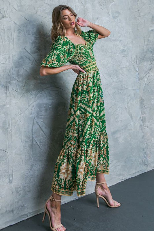 Green Print Short Sleeve Midi Dress