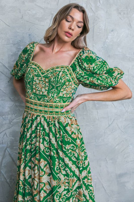 Green Print Short Sleeve Midi Dress