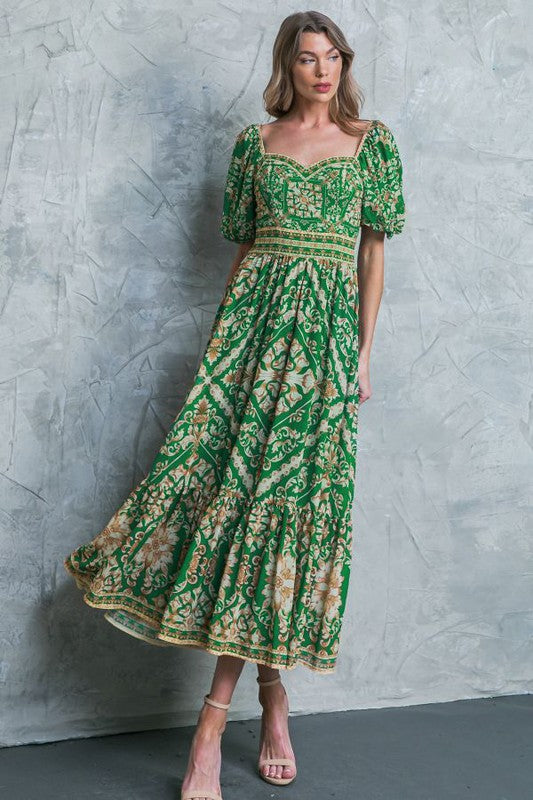 Green Print Short Sleeve Midi Dress