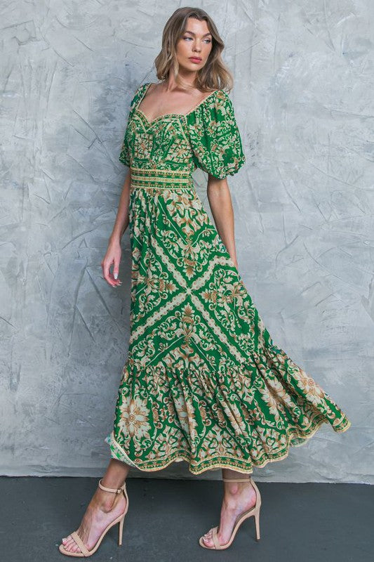 Green Print Short Sleeve Midi Dress