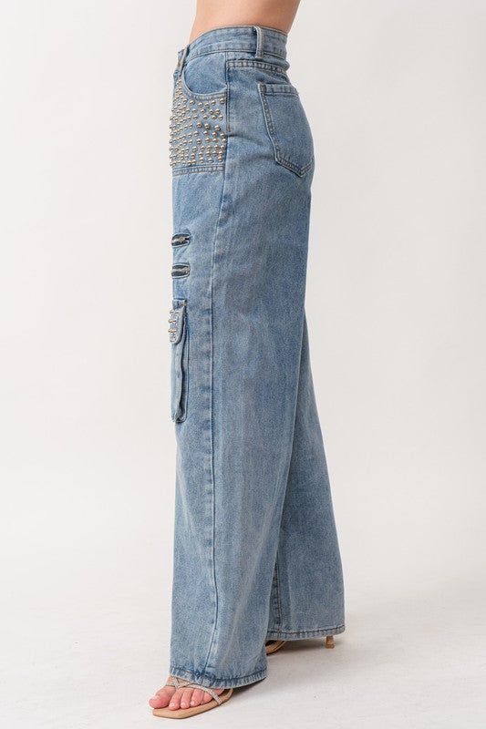 1036 Studded & Zippers Wide Leg Denim Pant