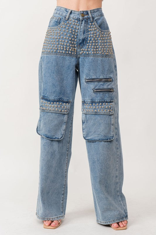 1036 Studded & Zippers Wide Leg Denim Pant
