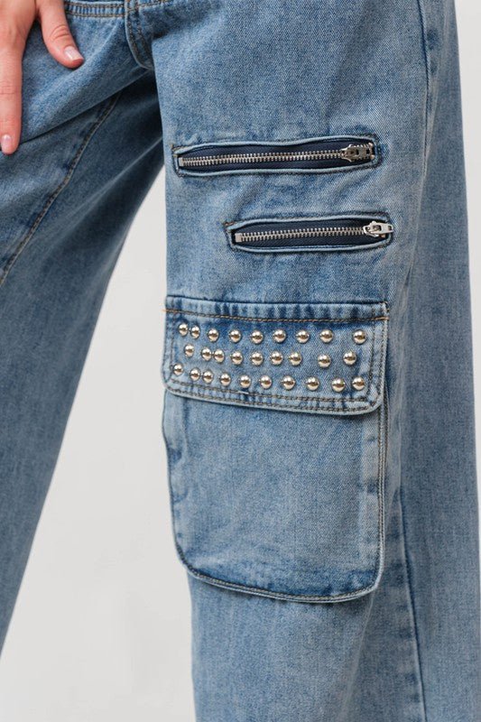 1036 Studded & Zippers Wide Leg Denim Pant
