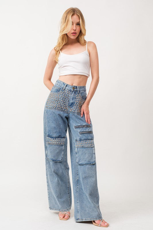 1036 Studded & Zippers Wide Leg Denim Pant