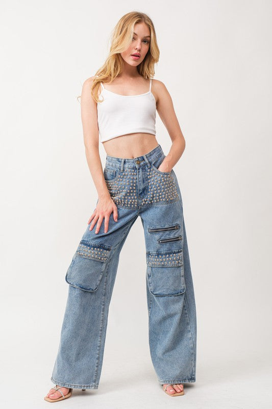 1036 Studded & Zippers Wide Leg Denim Pant