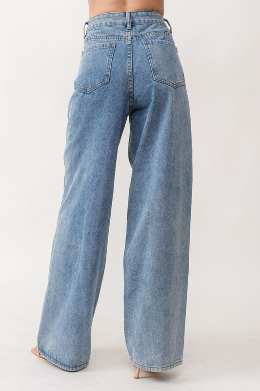 1036 Studded & Zippers Wide Leg Denim Pant