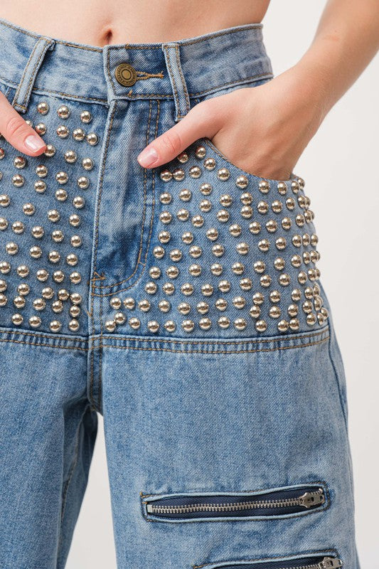 1036 Studded & Zippers Wide Leg Denim Pant
