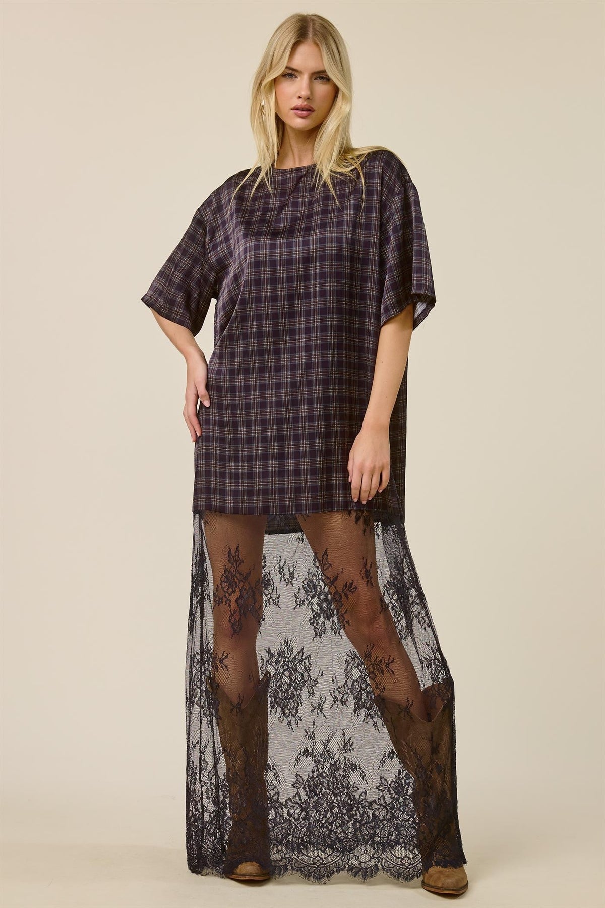 2726 Plaid T-Shirt Dress With Lace