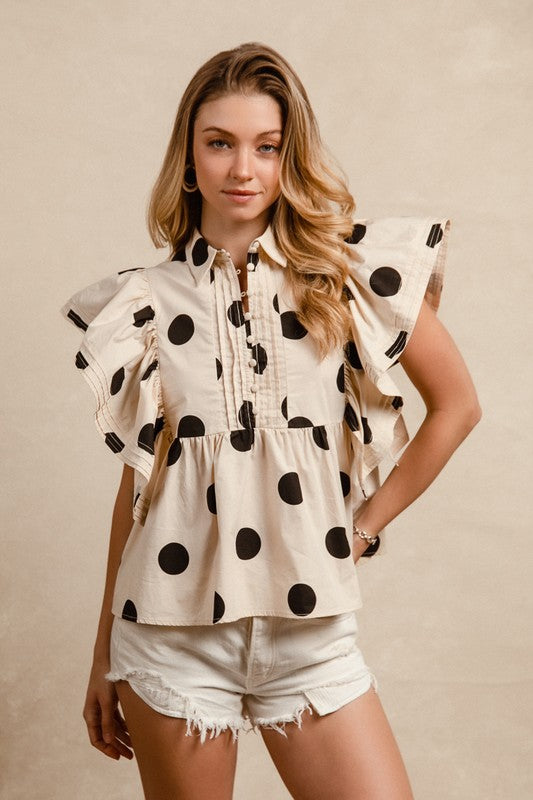 2178 Ivory & Black Polka Dots Top