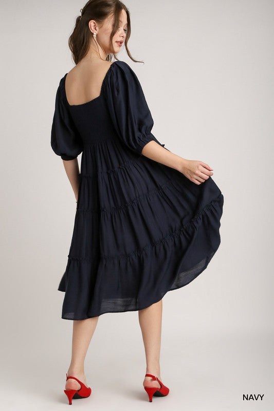 Tiered Puff Sleeve Midi Dress