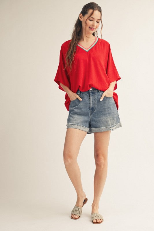2153 Multi Color Trim V-Neck Top