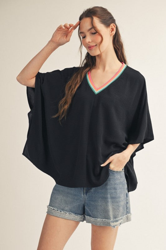 2153 Multi Color Trim V-Neck Top