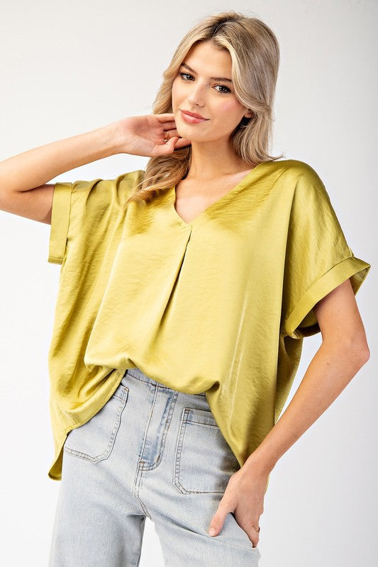 V-Neck Satin Short Sleeve Shirt