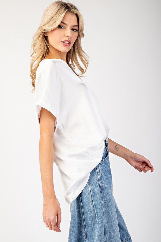 V-Neck Satin Short Sleeve Shirt