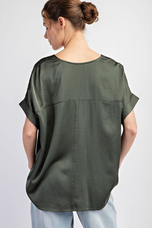 V-Neck Satin Short Sleeve Shirt