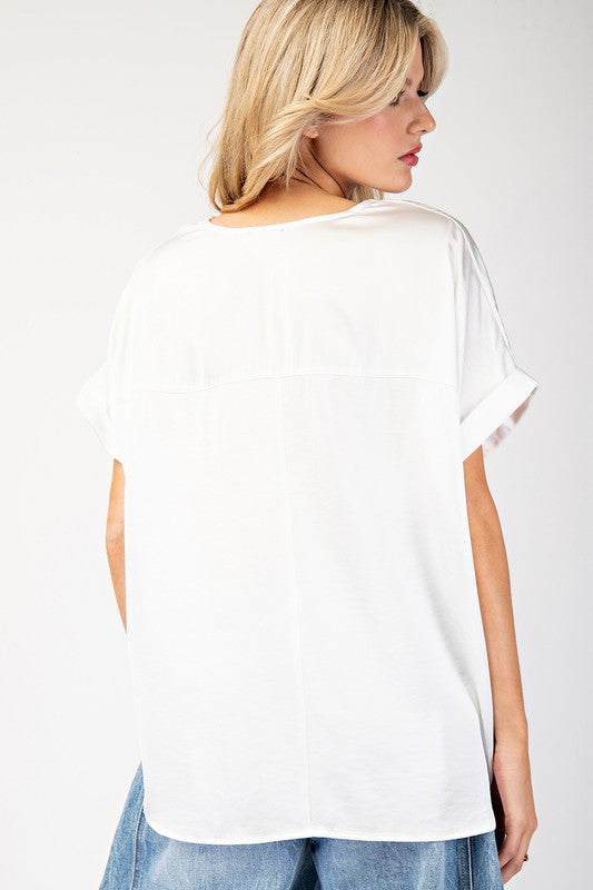 V-Neck Satin Short Sleeve Shirt