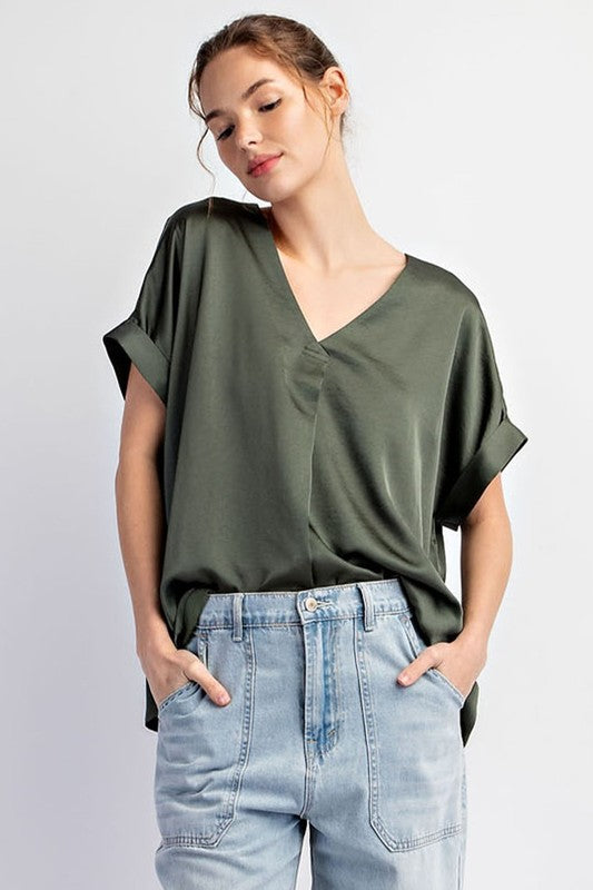 V-Neck Satin Short Sleeve Shirt