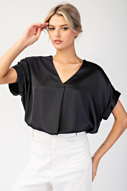 V-Neck Satin Short Sleeve Shirt