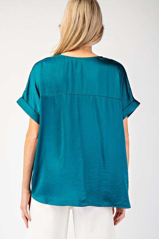 V-Neck Satin Short Sleeve Shirt