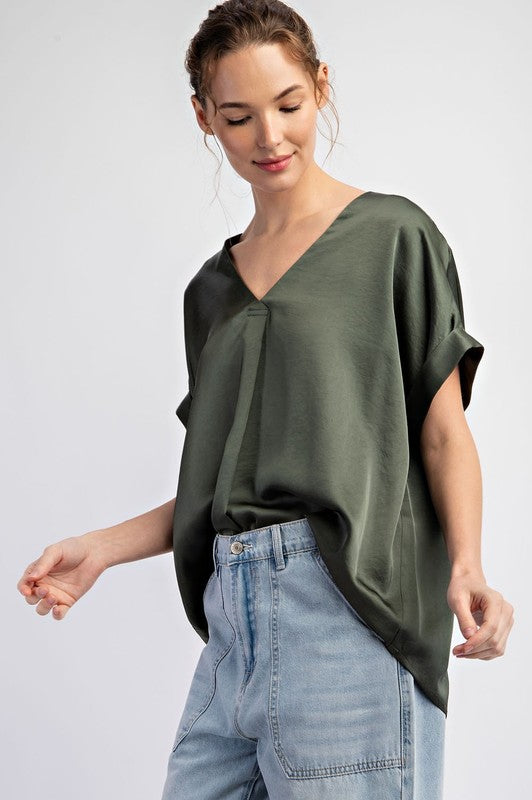 V-Neck Satin Short Sleeve Shirt