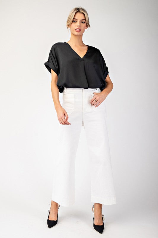 V-Neck Satin Short Sleeve Shirt