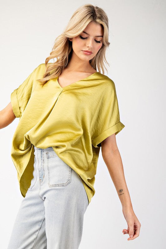 V-Neck Satin Short Sleeve Shirt