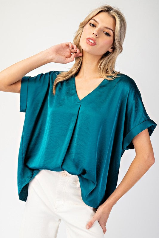 V-Neck Satin Short Sleeve Shirt