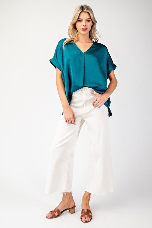 V-Neck Satin Short Sleeve Shirt