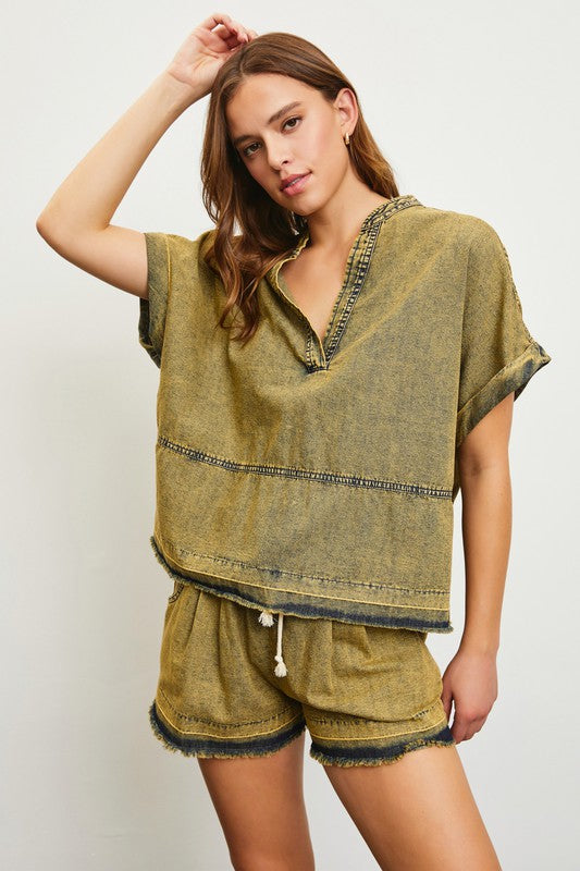 1336 Olive Denim Short Set