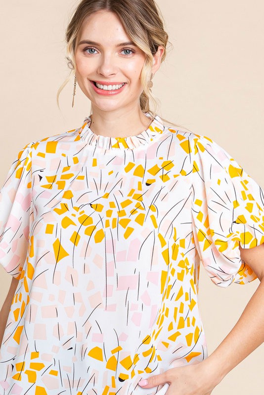 1326 Pink & Yellow Print Bubble Sleeve Top