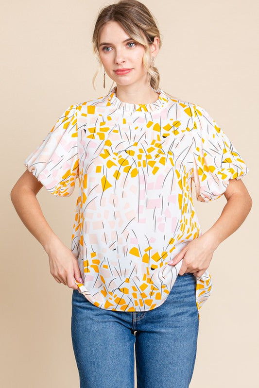 1326 Pink & Yellow Print Bubble Sleeve Top
