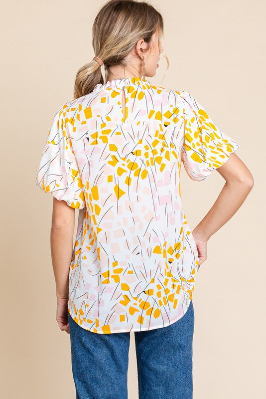 1326 Pink & Yellow Print Bubble Sleeve Top