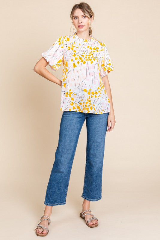 1326 Pink & Yellow Print Bubble Sleeve Top