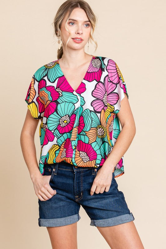 1475 Multi Color Flowers V-Neck Top