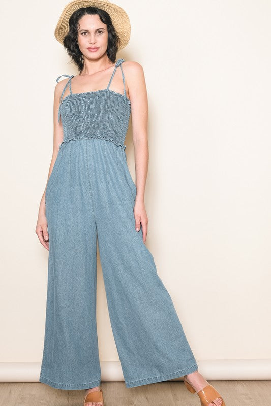 Smocked Denim Jumpsuit