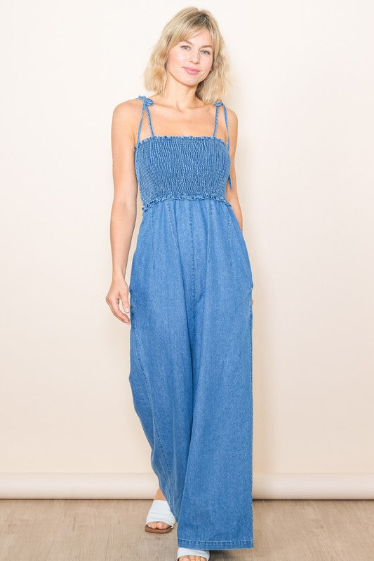 Smocked Denim Jumpsuit