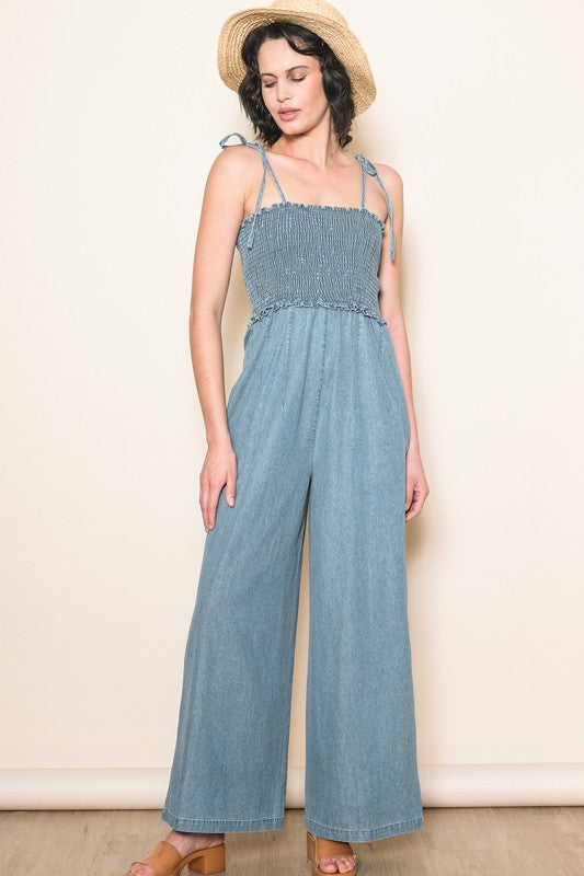 Smocked Denim Jumpsuit