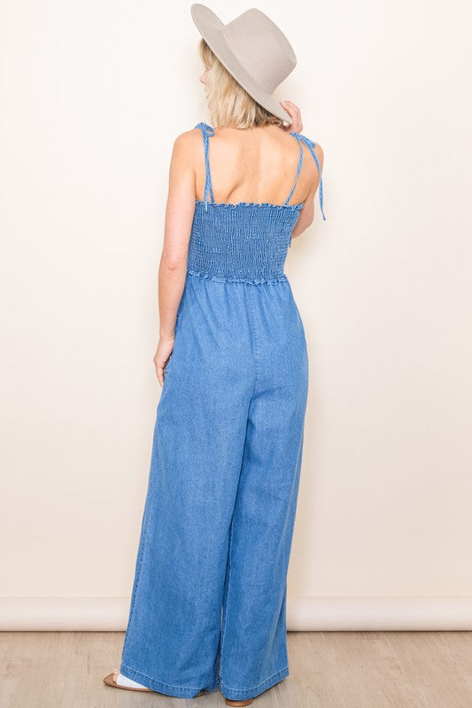 Smocked Denim Jumpsuit