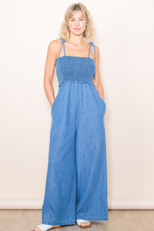 Smocked Denim Jumpsuit