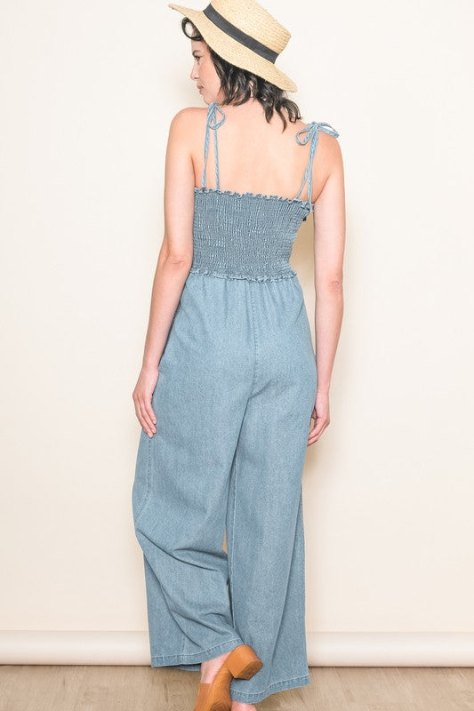 Smocked Denim Jumpsuit