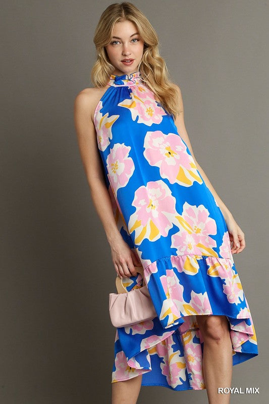 Pink Big Flowers Halter Satin Dress